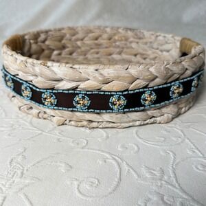 J.Crew Brown Grosgrain Ribbon Belt Turquoise Beaded Floral Medallion Tie Closure